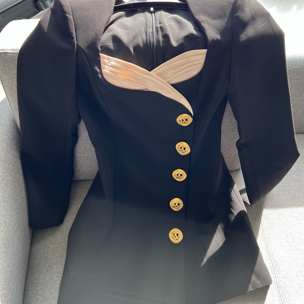 Elegant Black Blazer DRESS with Gold Button Accents